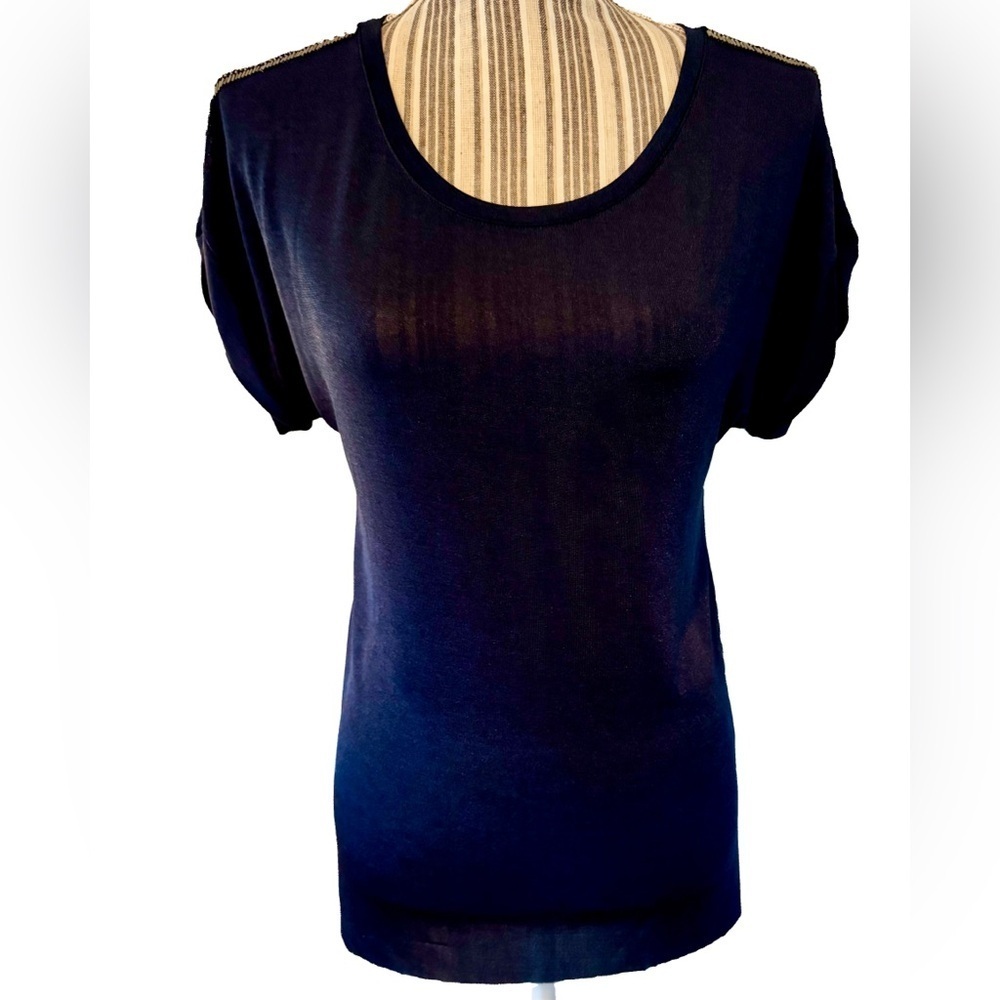 Bar III Relaxed Blue Cap Sleeve Tee with Pewter embellished epaulets